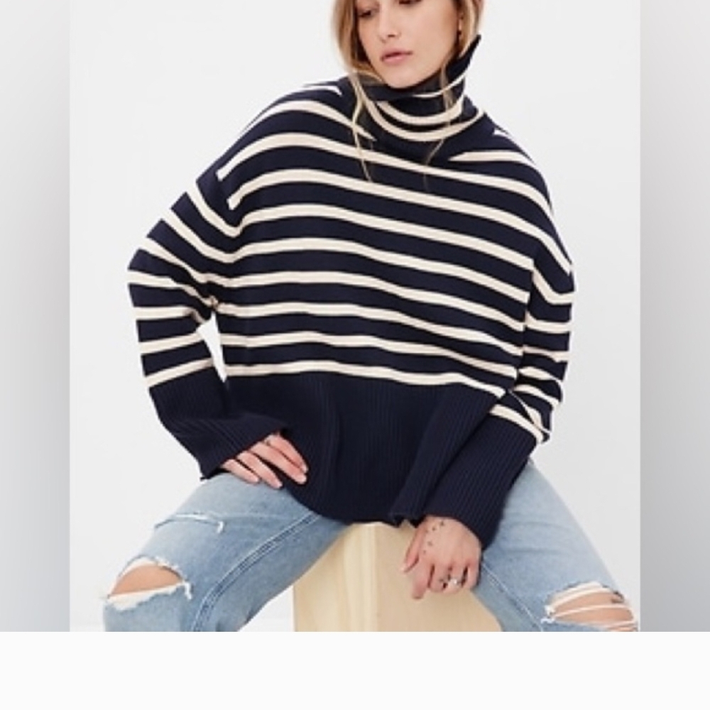 GAP Navy and Cream Striped Turtleneck Sweater